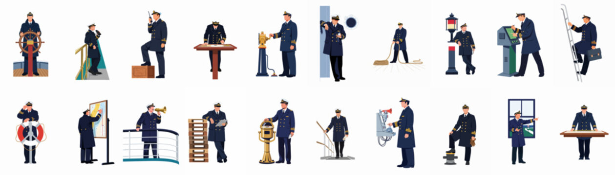 Comprehensive collection of ship captain character illustrations performing various maritime duties and navigation tasks, isolated on a white background.