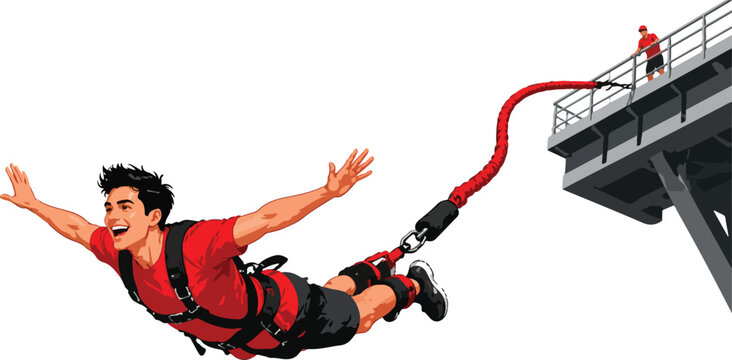 Man bungee jumping from a bridge with red cord extreme sport