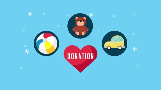 Dynamic animation of donation heart symbol appearing with teddy bear, beach ball, and toy car around it on a blue background.
