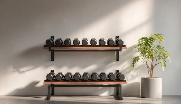 Two shelves display pairs of dumbbells with a large potted plant