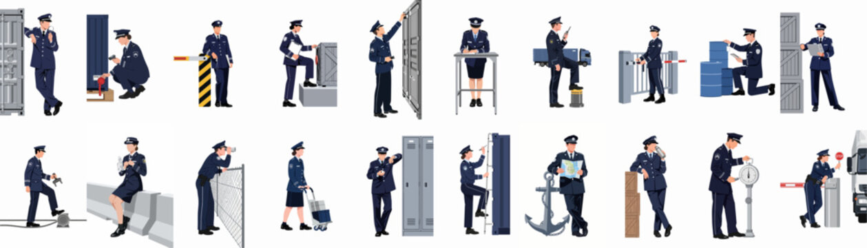 Set of Customs Officers and Border Control Personnel in Different Professional Scenarios, Including Cargo Inspection, Security Patrol, and Document Verification