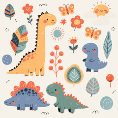 Cute Baby Dinosaur Seamless Patterns - Nursery Dino Floral Vector Collection © Алена Гривенюк