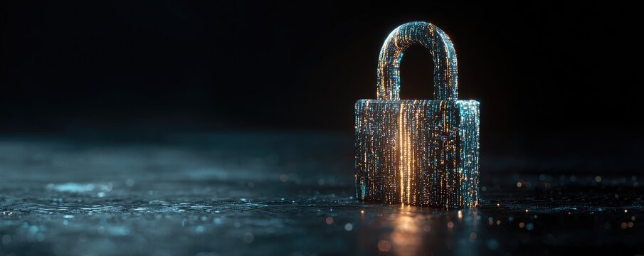 Glowing digital padlock with intricate light patterns against dark background
