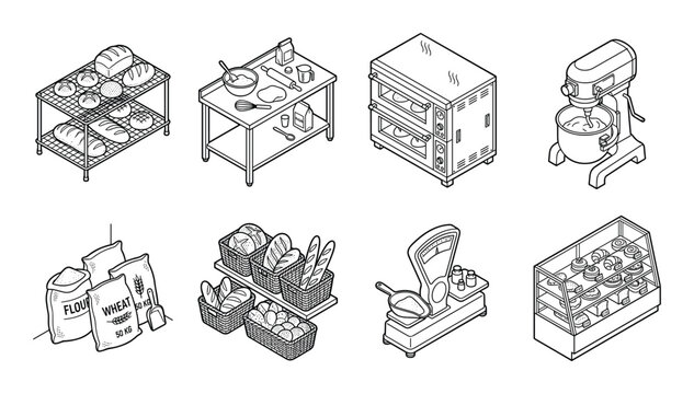 Isometric Line Art Icons: Bakery Equipment, Fresh Bread, and Ingredients Collection