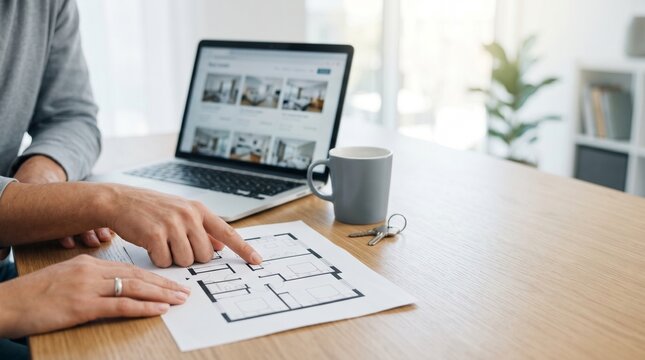 Hands Reviewing Apartment Floor Plan Beside Laptop for Real Estate Website Photo with Clean Desk Copy Space