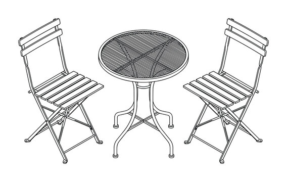 Detailed line art of an outdoor bistro table and two folding chairs.