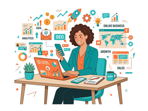 Woman Using Phone Laptop.