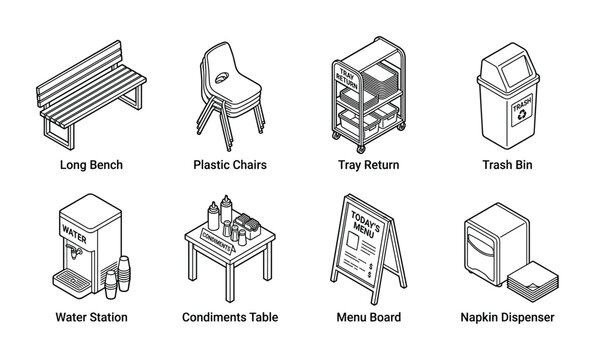 Common public furniture and cafeteria equipment, Isometric outline icons 