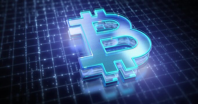 Glowing bitcoin symbol shines above a futuristic digital grid with financial technology aesthetics.