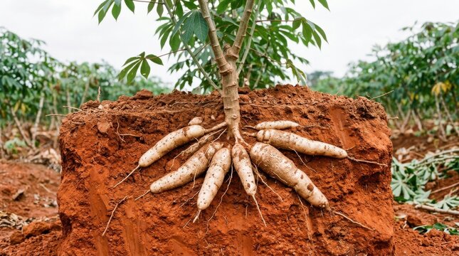 Cassava Plant with Roots Exposed in Red Soil, Agricultural Crop.