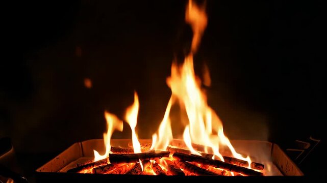 Flames rise from burning logs in a metal fire pit, illuminating the dark surroundings with a warm glow, creating a cozy atmosphere for outdoor gatherings