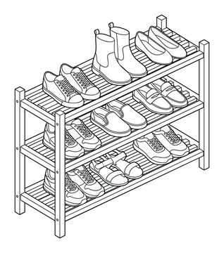 Wooden Shoe Rack with Assortment of Footwear Organized on Multiple Shelves