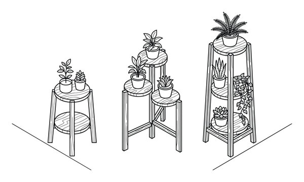 Interior Plant Stands Featuring Assorted Greenery in a Stylized Line Drawing