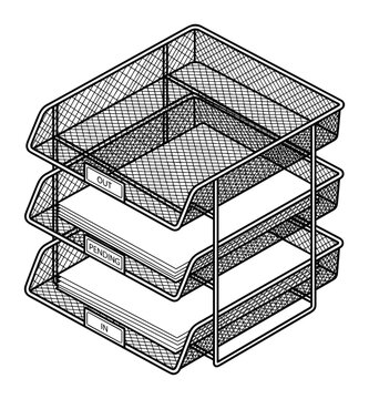 Three-Tiered Wire Mesh Document Organizer Tray Stack with Labels 'Out', 'Pending', 'In'