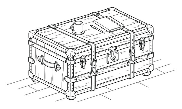 Ornate Old Travel Trunk with Coffee Mug and Journal on Wooden Floor