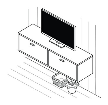 Modern Floating Media Console with Flat-Screen TV, Storage, and Houseplant