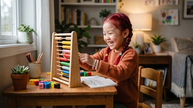 A young girl counting numerical sums using a colorful multi-bead wooden abacus stand on a desk.