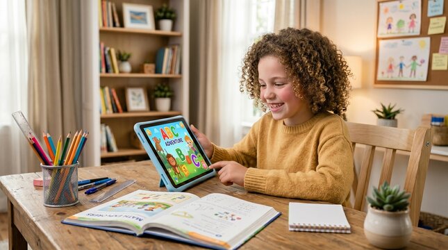 A young girl configuring digital study profiles on an interactive multi-touch computing tablet screen platform.