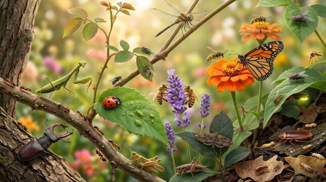 A vibrant garden scene with butterflies, bees, and other insects on flowers and leaves. The background features a mix of greenery and flowers, with a focus on orange and yellow flowers. 