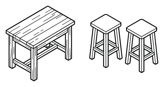 Wood furniture set: table and two stools vector illustration.