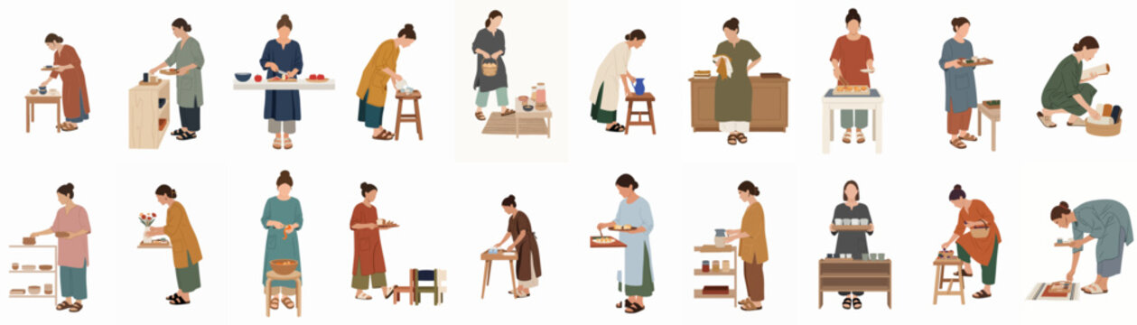 Collection of minimalist flat vector illustrations depicting women in various domestic roles and daily activities such as cooking, serving, and organizing.