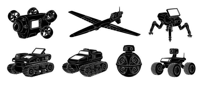 Military Reconnaissance Robots and Surveillance Drones Set, Black Silhouette Vector Collection of Autonomous Unmanned Ground Vehicles, Aerial UAV Systems, Robotic Exploration Technology for Tactical M