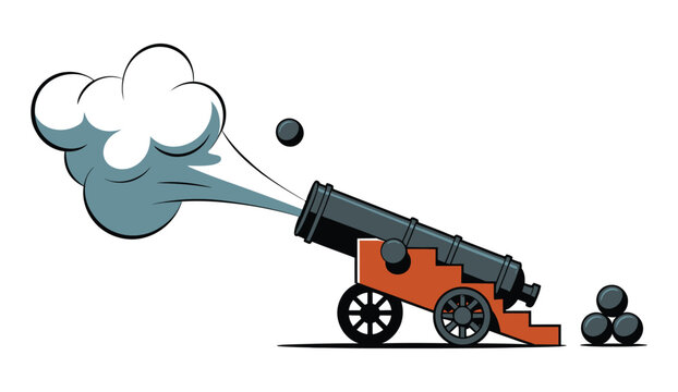 Vintage cannon firing with cannon balls flat illustration medieval weapon vector design