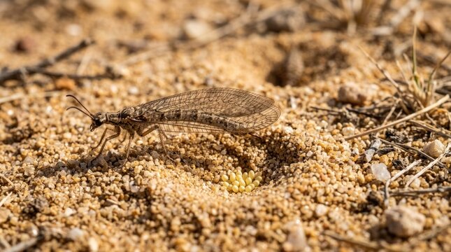 A brown lacewing insect on a sandy surface. The insect has a brown body with a transparent wingspan. The background is a sandy surface with some small rocks and grass.