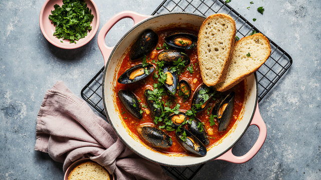 Mussels simmered in a rich tomato sauce with fresh herbs in a pink Dutch oven, served with crusty bread on a wire rack against a textured grey backdrop.