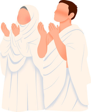 muslim pilgrims in ihram praying illustration
