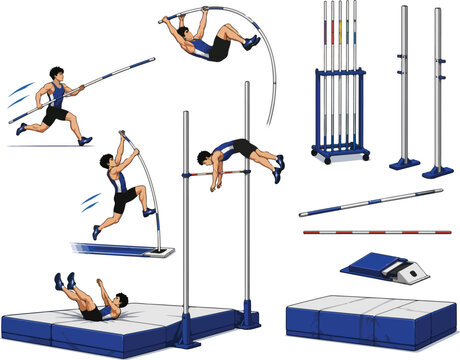Pole Vaulting Sequence And Equipment Keywords: pole vault, athlete, running, jumping, clearing