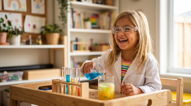 A young girl pouring colorful liquid drops inside chemistry lab test tubes during a hands-on stem seminar.
