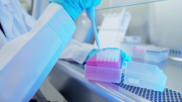 In a laboratory setting, a researcher uses a pipette to transfer liquids into sample trays. The researcher is focused on completing various tasks that aid in scientific research.