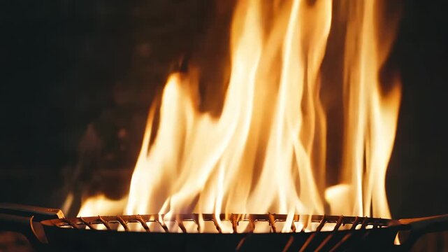 Flames rise from a charcoal grill, creating a vibrant display of fire and smoke, showcasing the intense heat and cooking process in a darkened outdoor setting