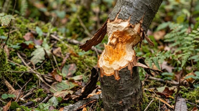 Close-up of a tree trunk damaged by a beaver, showing gnaw marks and exposed wood.