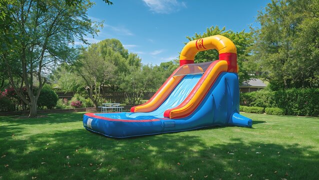Empty inflatable water slide in backyard on sunny summer day