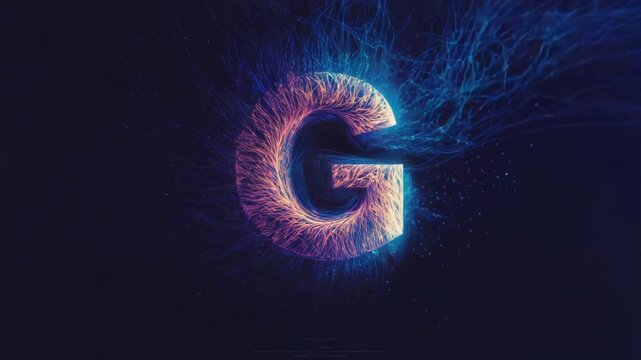 A vibrant, glowing letter G pulses with energetic light and intricate patterns. Blue and purple energy streams flow dynamically around the abstract digital design.