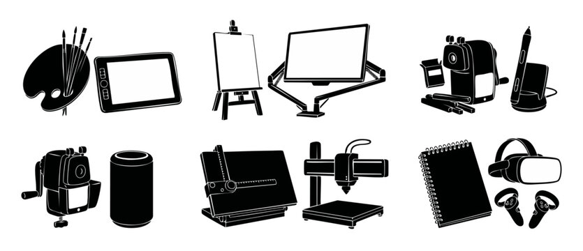 Artist Workspace Equipment Icons Set, Modern Creative Tools for Design and Art Projects, Digital Tablets, VR Headset, 3D Printer and Professional Drafting Gear in Flat Black Silhouette Vector Illustra