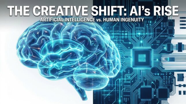 Creative shift of artificial intelligence showing glowing human brain merging with digital computer hardware.
