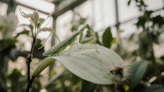 A slender green praying mantis perfectly camouflaged on a delicate white orchid petal, poised to strike at a captured insect.