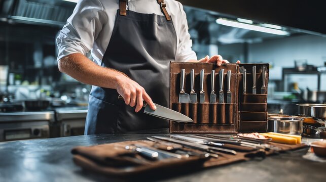 Chef preparing with professional kitchen knives.