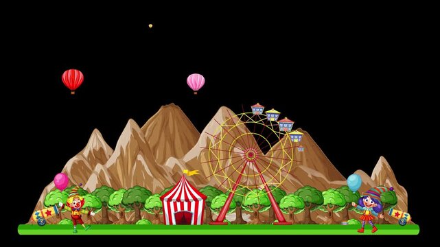 Animated Cartoon Amusement Park with Ferris Wheel and Carousel on Black Background