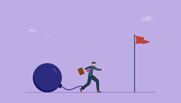 Struggling businessman trying to reach the flag of success. Keep moving forward despite many obstacles and problems concept.