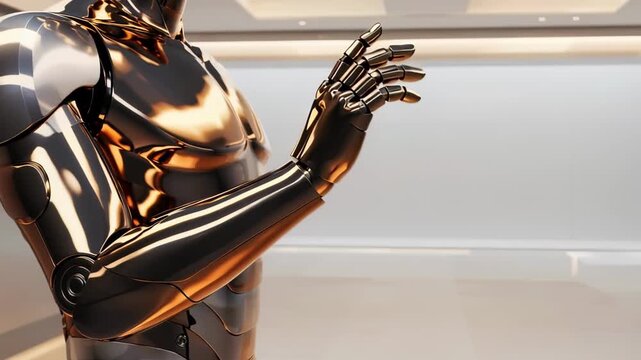 3d animation of friendly robot waving with glowing head in white studio
