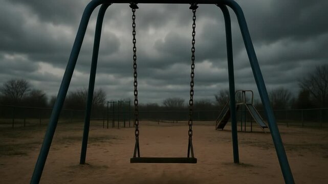 An empty swing sways gently on a desolate playground. Dark clouds loom over the quiet, abandoned park.