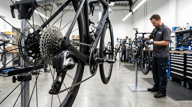 Mechanic repairing bicycle gears and chain at modern professional bike shop workshop, technician servicing rear cassette derailleur on road bike during routine maintenance tune up