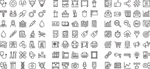 Set of Healthcare, Business, and Technology Icons Representing Medicine, Analytics, E-commerce, and Marketing for Medical, Corporate, and Digital Designs © Garun Creative