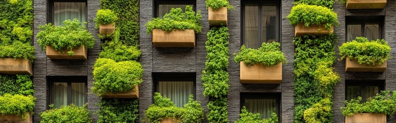 Fototapeta premium A modern building facade covered in lush green vertical gardens and planter boxes