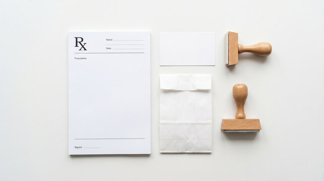 Blank Medical Prescription Pad with Wooden Stamps and Plastic Bag on White Background