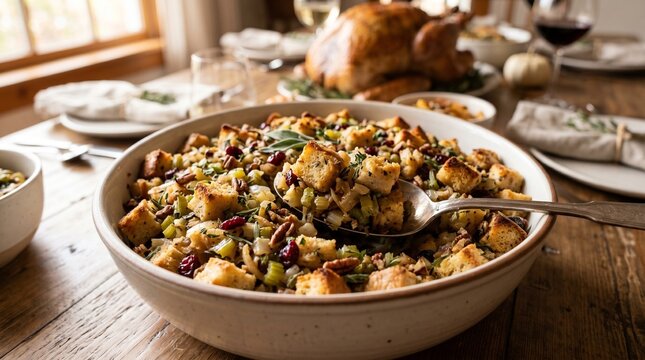 Traditional bread stuffing with cranberries and pecans in a ceramic bowl on a wooden table, with a roast turkey in the background.